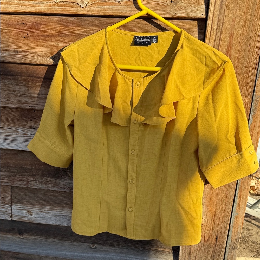 Voodoo Vixen Mustard Yellow Ruffle Collar Blouse